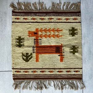 Vintage Polish Embroidered Wall Hanging Tapestry Folk Art Deer Wool Kilim Rug